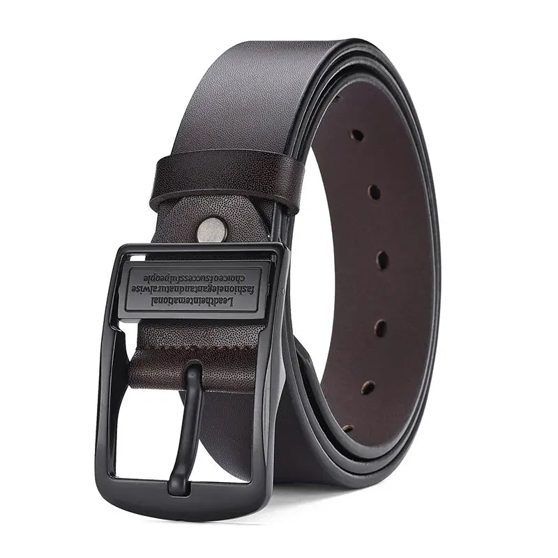 A black leather men leather belt with a matte black rectangular buckle featuring engraved text designed for casual jeans.