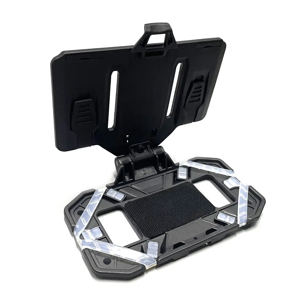 Black plastic tactical molle phone navigation board featuring transparent adhesive strips and a textured grip surface for secure motorcycle mounting.