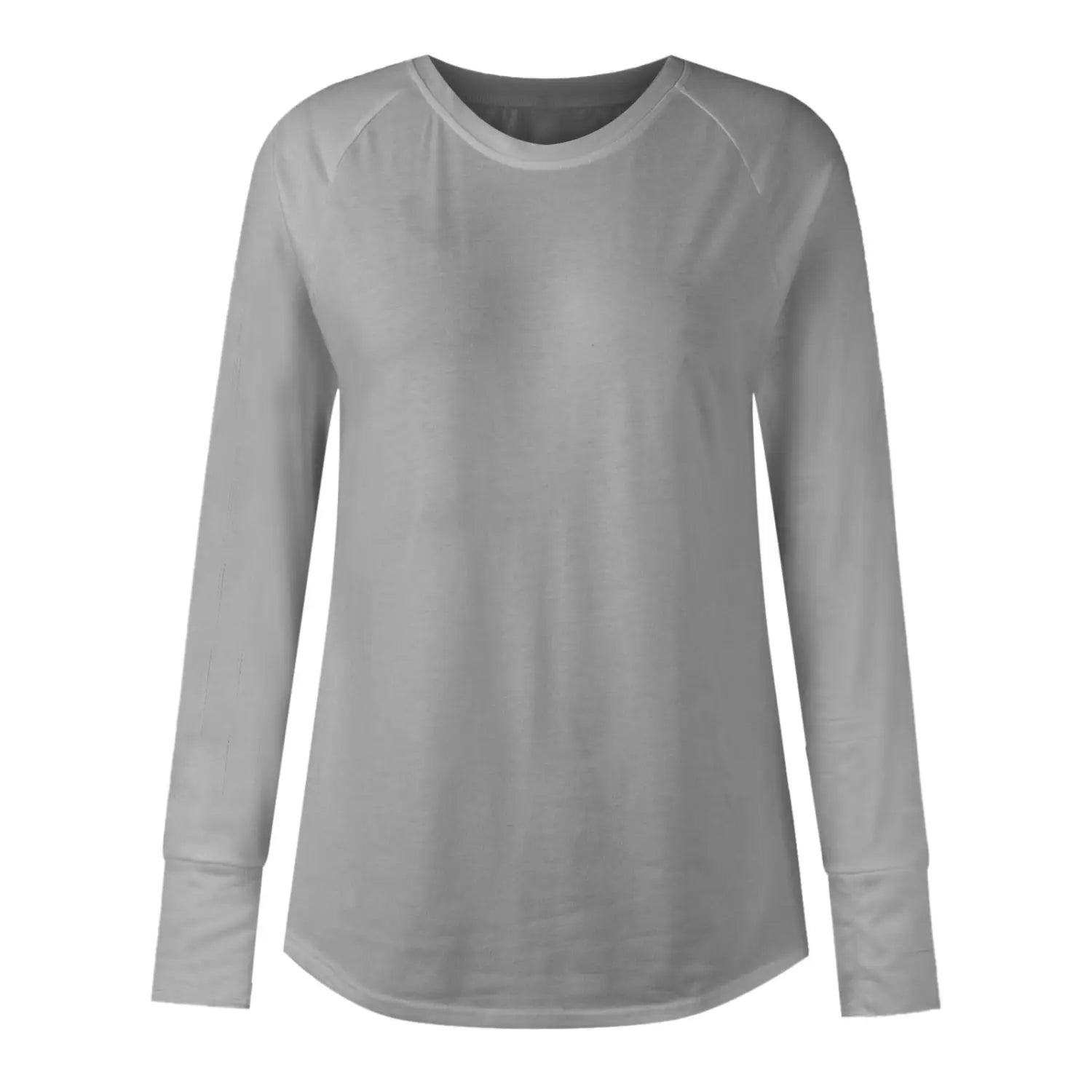 women long sleeve cotton tunic top in soft light gray with a relaxed fit, subtle raglan sleeves, and a round neck design.