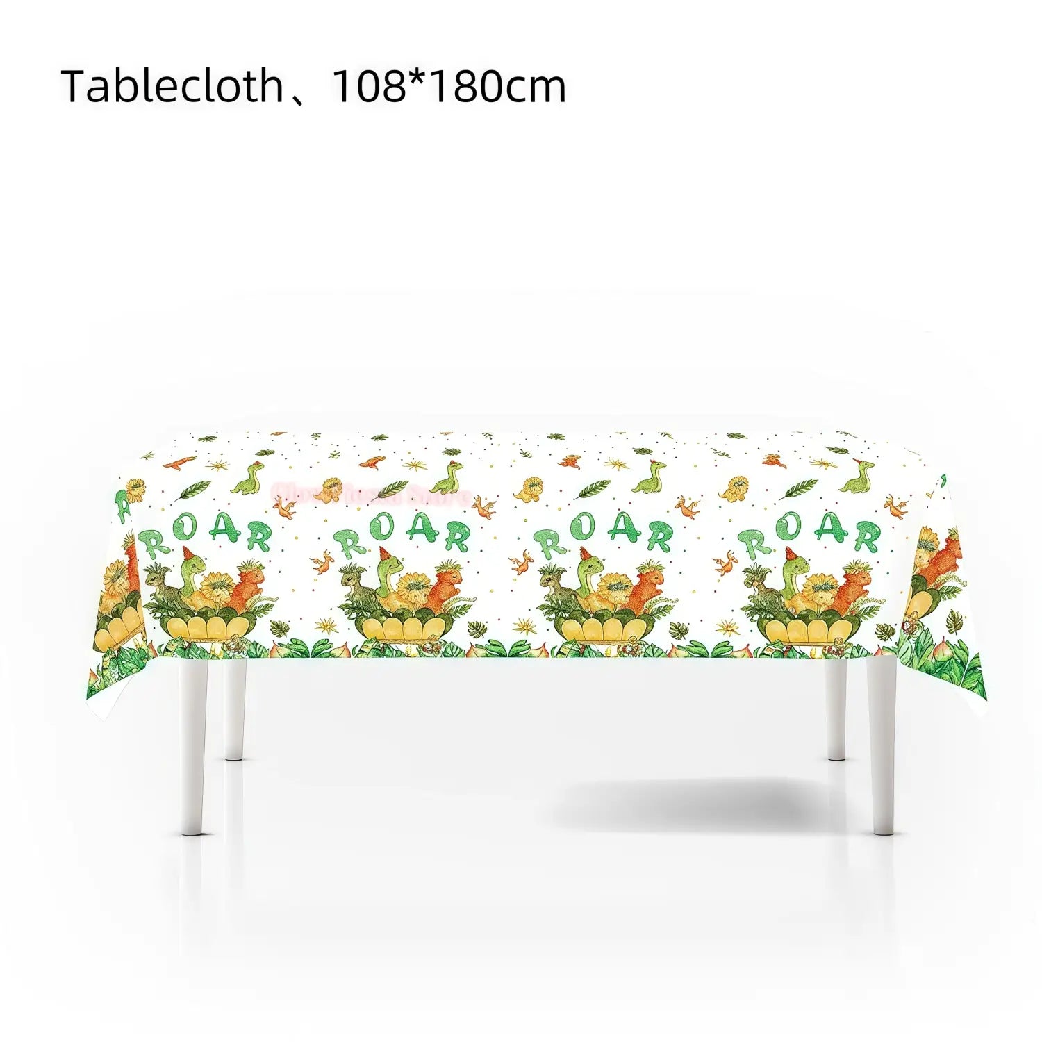 white plastic dinosaur birthday tablecloth party cover featuring a playful pattern with colorful cartoon dinosaurs in baskets and green roar text