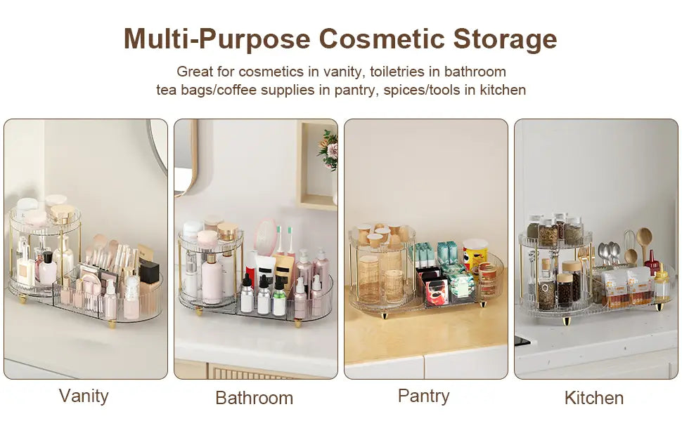 Plateau de rangement pour maquillage rotatif en acrylique transparent, doté de compartiments étagés et de pieds de ton doré, conçu pour un rangement polyvalent des produits cosmétiques.