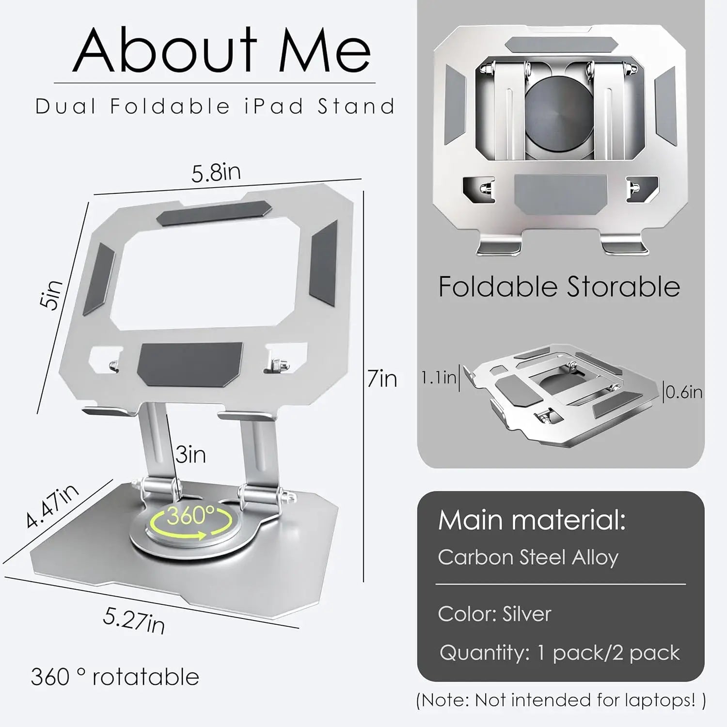 Base para tableta doble plegable plateada fabricada con aleación de acero al carbono con base giratoria de 360 grados, diseñada como soporte para iPad Pro.
