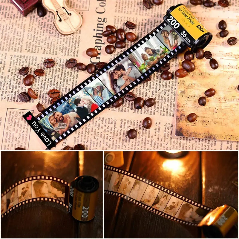 A personalized black film strip keychain made of durable material featuring 36 photo exposures with a love you label and dx code for custom photo display.