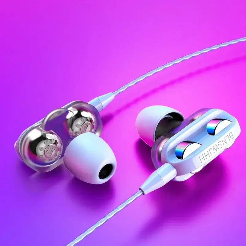 Auriculares cuffie cablate en el oído con doble controlador y incrustaciones plateadas y blancas, acabado metálico elegante y micrófono integrado