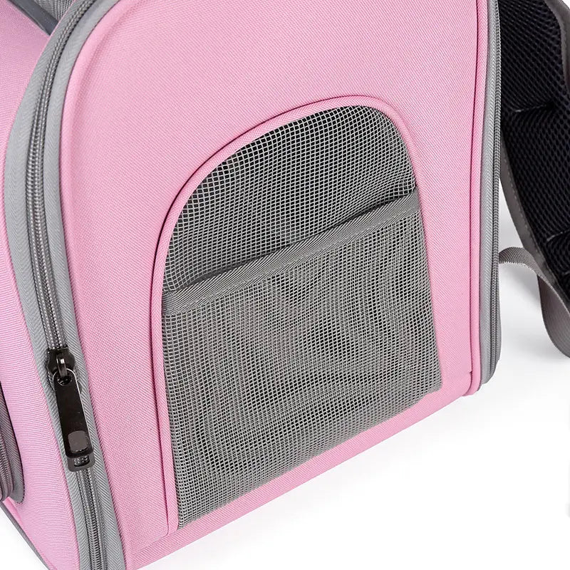 Sac à dos de transport pour animaux rose, avec panneau en maille grise et éléments décoratifs de fermeture éclair, en tissu Oxford résistant, destiné aux petits chats et aux petits chiens
