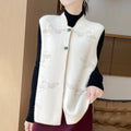Winter 100% Pure Wool Sleeveless Vest Women Stand Collar Thick Embroidered Vest Loose Wool Vest
