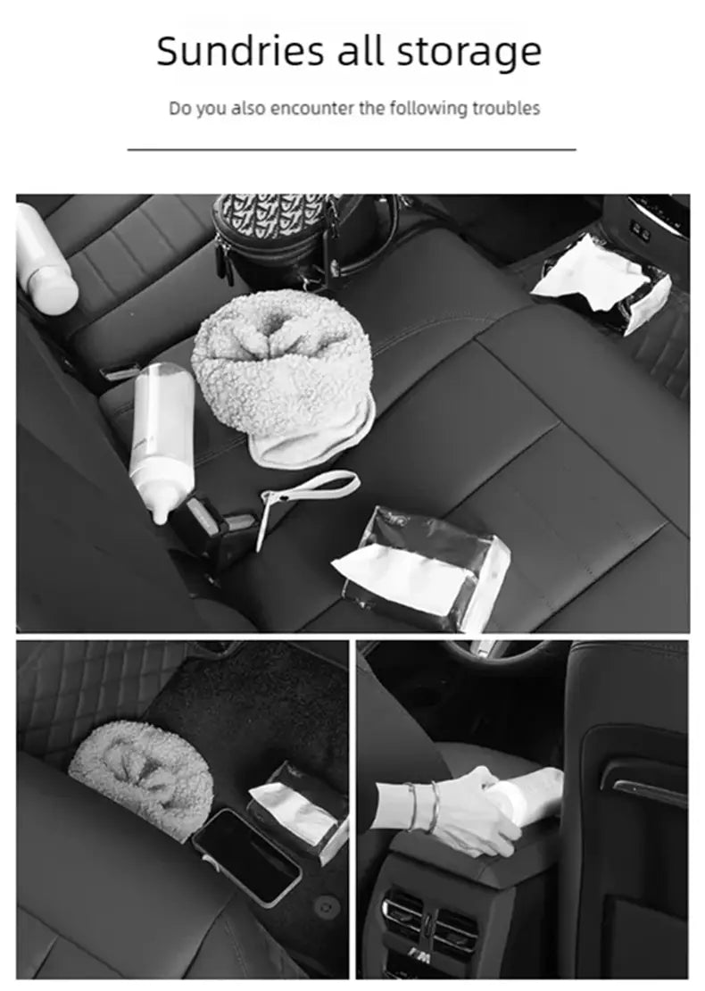 Organisateur moelleux de dossier de siège de voiture en cuir blanc et porte-mouchoirs, montrant des compartiments de rangement souples pour l’utilisation dans le véhicule
