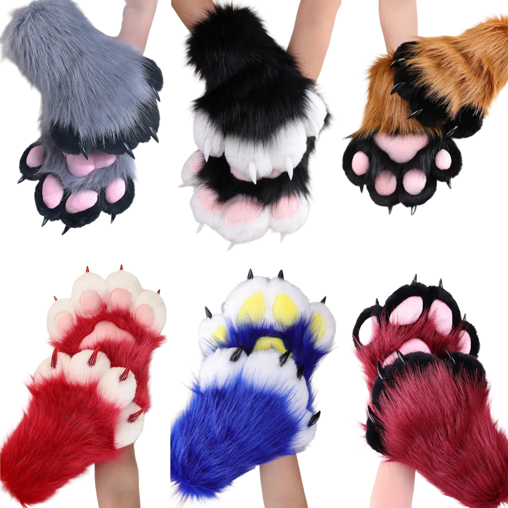 Faux fur cat claw gloves in assorted colors with pink and black pads and sharp plastic claws for comfortable fit and cosplay