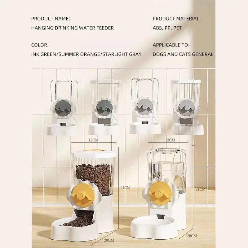 Hoopet wall mounted automatic pet feeder and water dispenser featuring a clear plastic hanging drinking water feeder with a white base and yellow circular dispenser available in ink green, summer orange, or starlight gray.