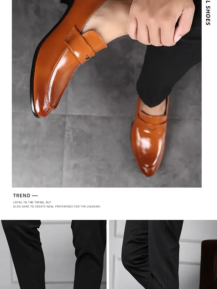 Polished tan leather men leather business dress shoes with pointed toe and decorative strap across the vamp.