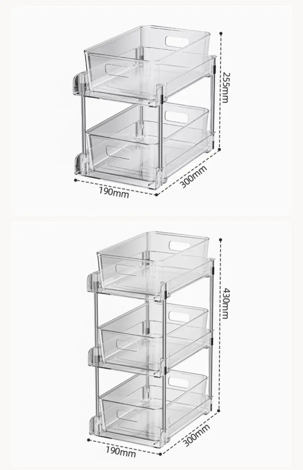 Clear plastic three-tiered pull-out storage holders with handle cutouts on each tray designed for sliding under sink organization.