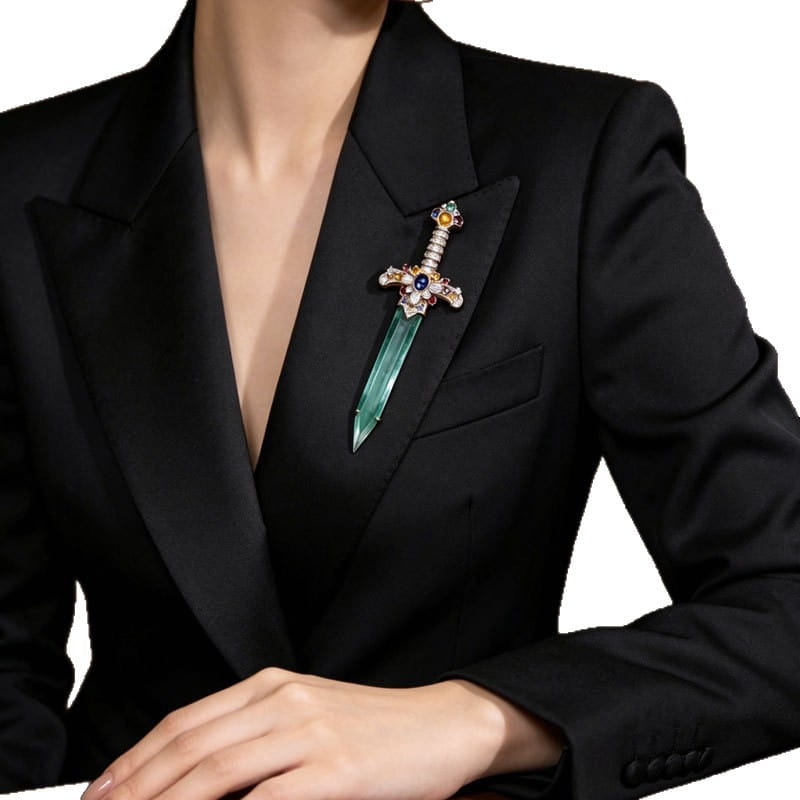 Ein funkelnder smaragdgrüner schwertförmiger Broschen-Anstecker, verziert mit farbigen Edelsteinen und aufwendiger Metallarbeit, auf einer schwarzen Anzugjacke befestigt.