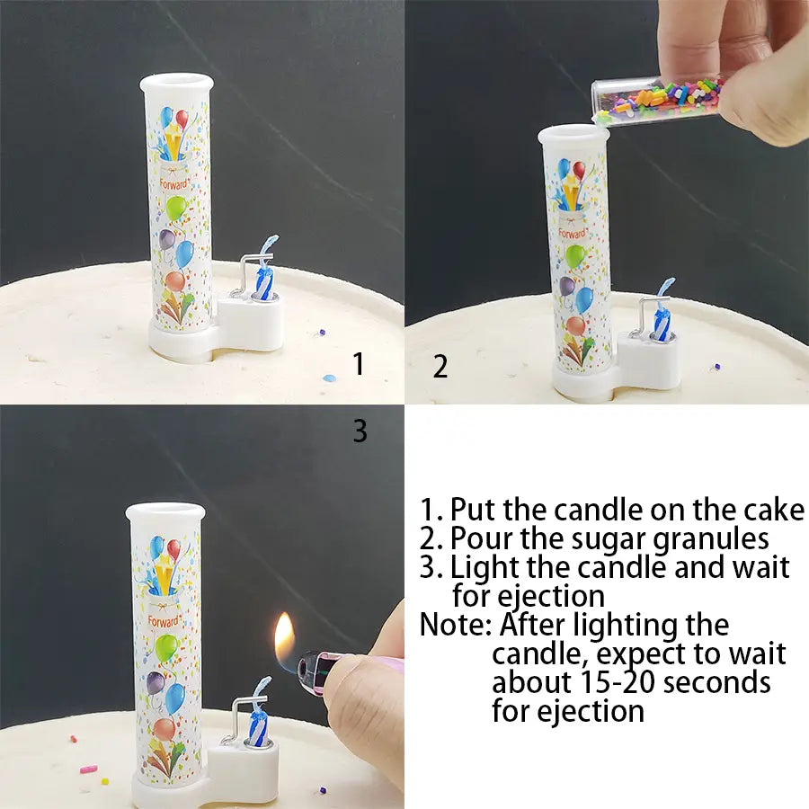 White cylindrical birthday cake pop-up confetti candle dispenser with colorful balloon and forward design featuring small flame ignition mechanism at the base.
