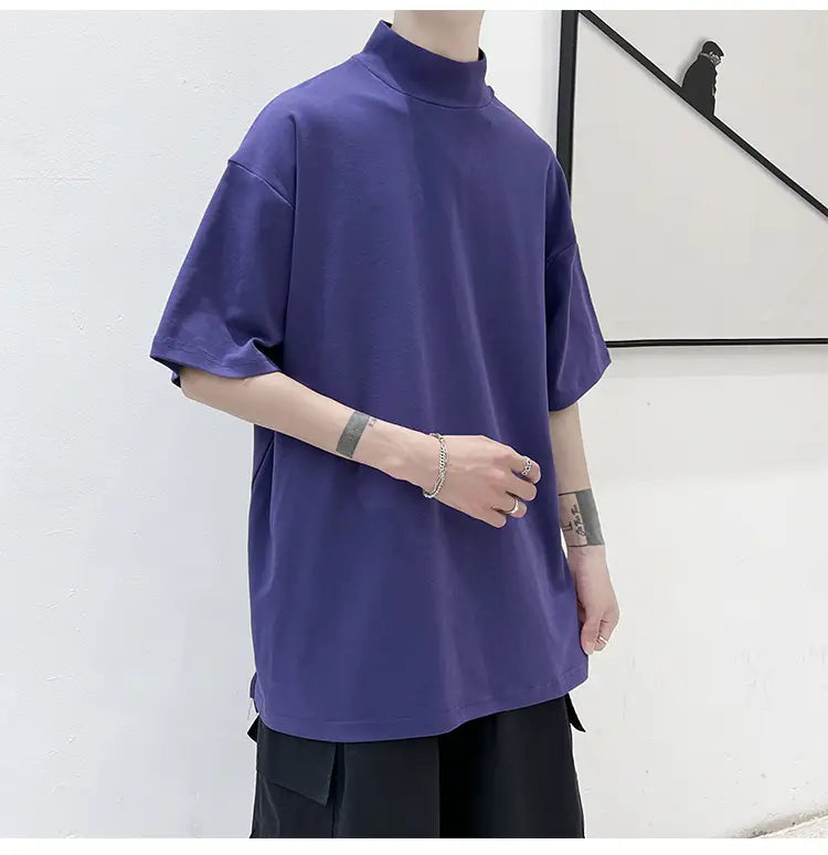 men oversized turtleneck t-shirt casual streetwear featuring a loose-fitting solid purple short-sleeved high collar design