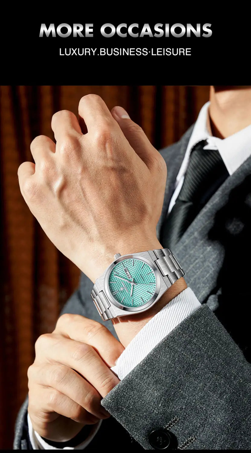 Paazomu luxury chronograph watch featuring a sleek silver-toned stainless steel case and bracelet with a vibrant turquoise dial and minimalist hour markers.