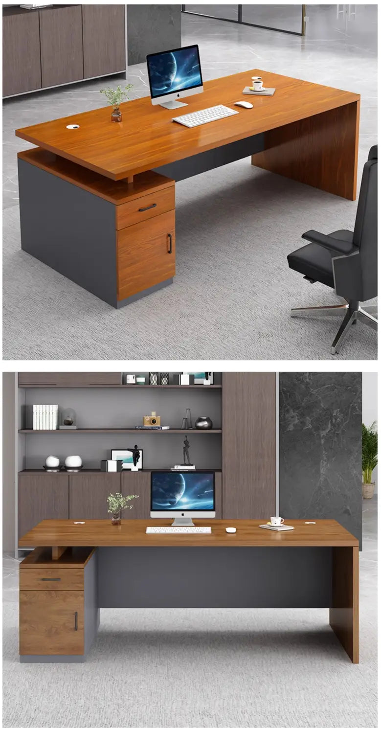 Bureau de travail en bois moderne avec tiroirs de rangement, présentant une base gris foncé et un ensemble de tiroirs assorti, des lignes épurées et un design contemporain.
