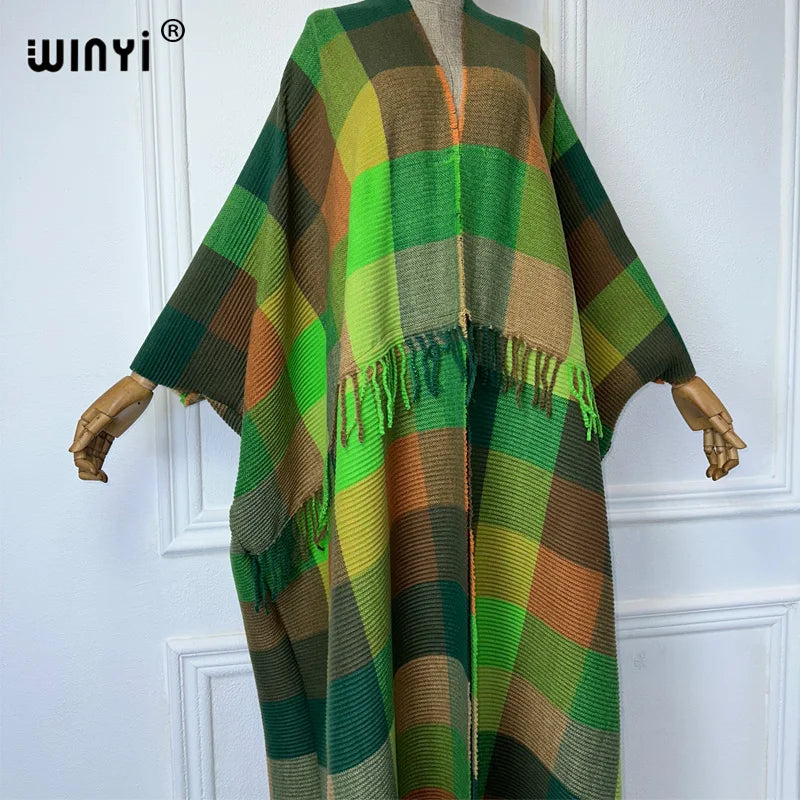 WINYI winter african dresses for woman Plaid print Pleated long down Cardigan kaftan autumn tassels kimono abaya evening dress