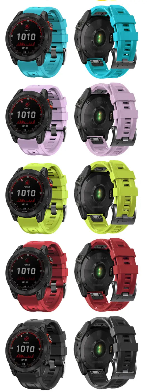 Un ensemble de montres connectées Garmin Fenix 6, avec des bandes de poignet en silicone à fixation rapide dans des couleurs éclatantes, notamment bleu-vert, lavande, vert citron, rouge et noir.