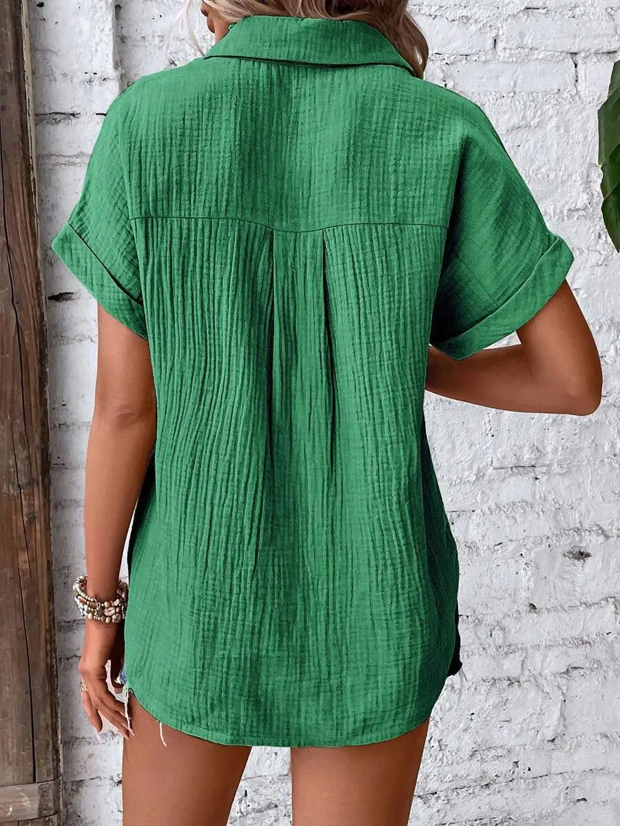 green textured cotton shirt dress with short sleeves and collar for women button up style