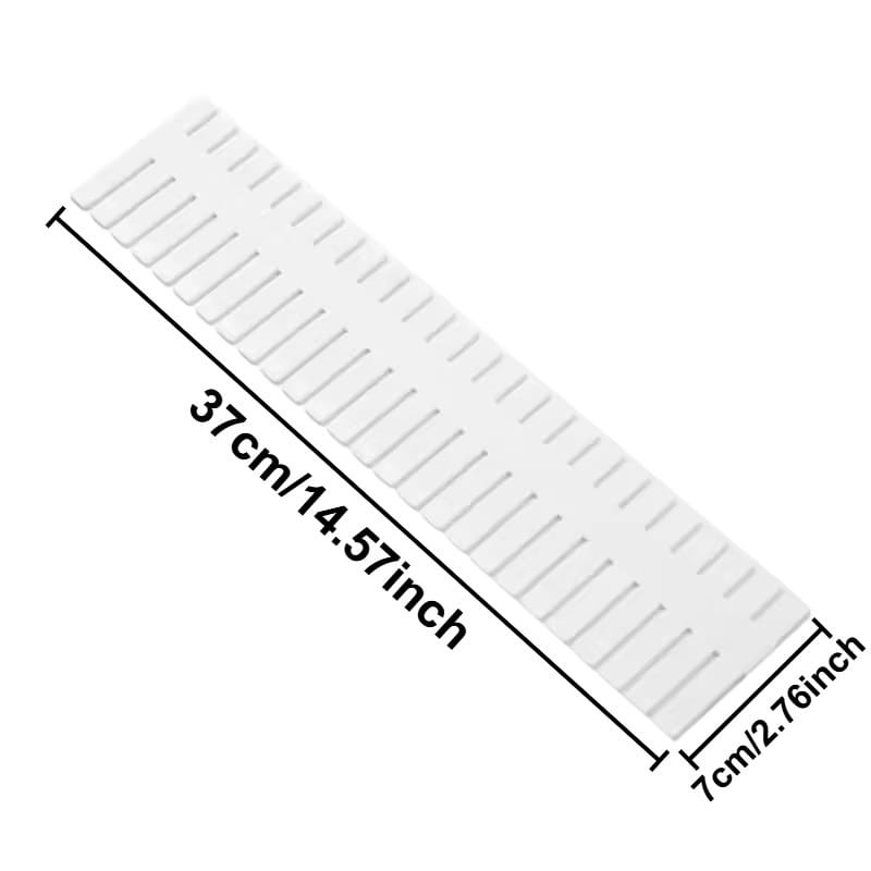 Adjustable white plastic drawer divider partition featuring evenly spaced rectangular slots along its length for organized storage.