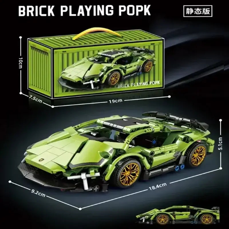 ライムグリーンとブラックのレゴ風ランボルギーニ・スポーツカー・モデルを、金色のホイールでレーシング向けのスピード車両モデルとしてデザインした、ブロック組み立て大人向けギフト