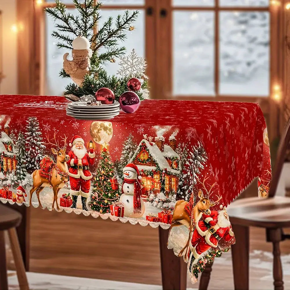 Red christmas-themed tablecloth featuring festive illustrations of Santa, reindeer, a snowman, and snowy houses with intricate white lace trim along the edges for winter holiday decor.