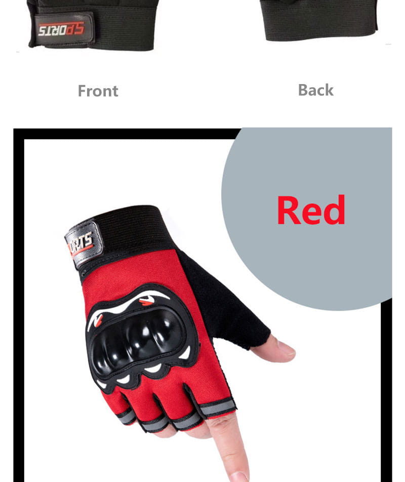 Herren- Motorrad-Taktik-Handschuhe mit halben Fingern, die die Rückseite zeigen, mit einem roten und schwarzen Fingerlos-Design sowie gepolstertem, klauenähnlichem Schutz für erhöhte Strapazierfähigkeit und Sicherheit.
