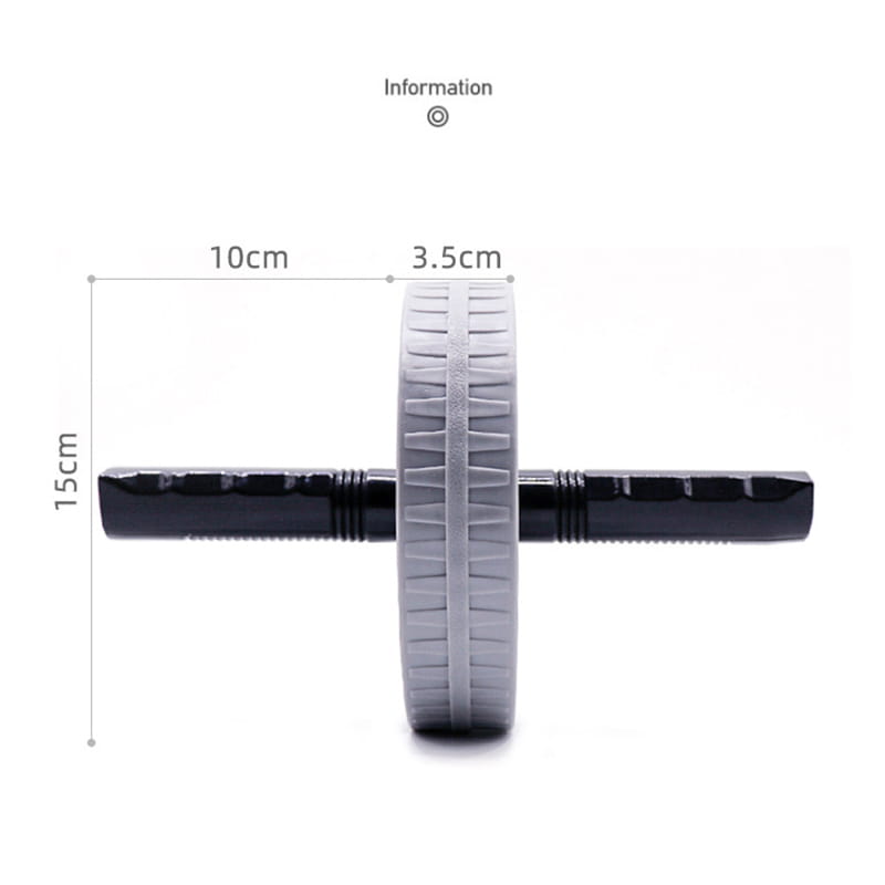 Roue d’exercice abdominale silencieuse « ab roller » gris et noire avec surfaces de préhension texturées, conçue pour des séances d’entraînement silencieuses « ab roller ».