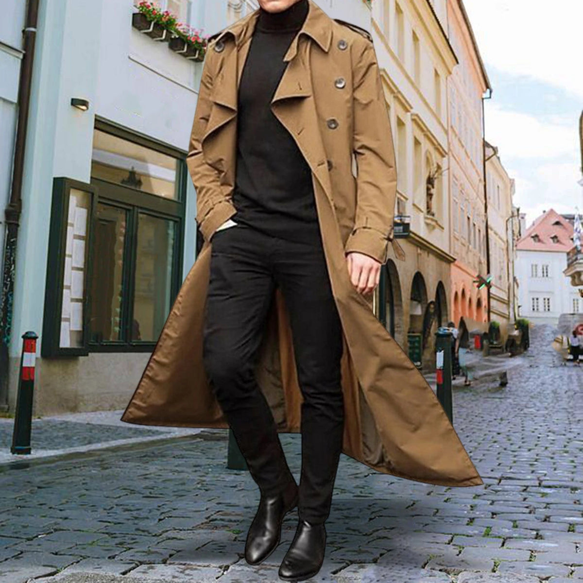 Formal Men'trench Coat Long Jacket Double Breasted Warm Slim Fit with Pockets Windproof Windbreaker for Dating Work Daily Wear
