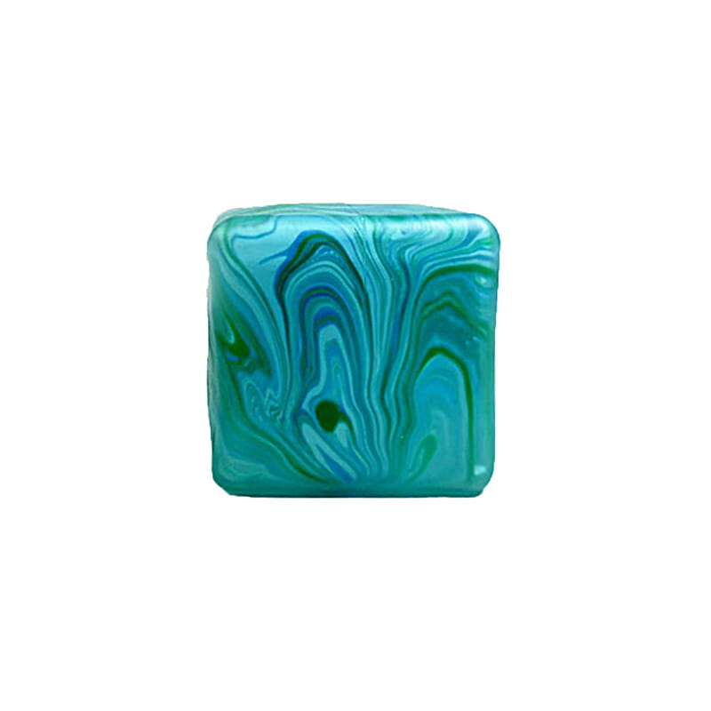 a square-shaped translucent glass cube squeeze toy with marble swirl patterns in teal and green designed as a slow rising sensory fidget.