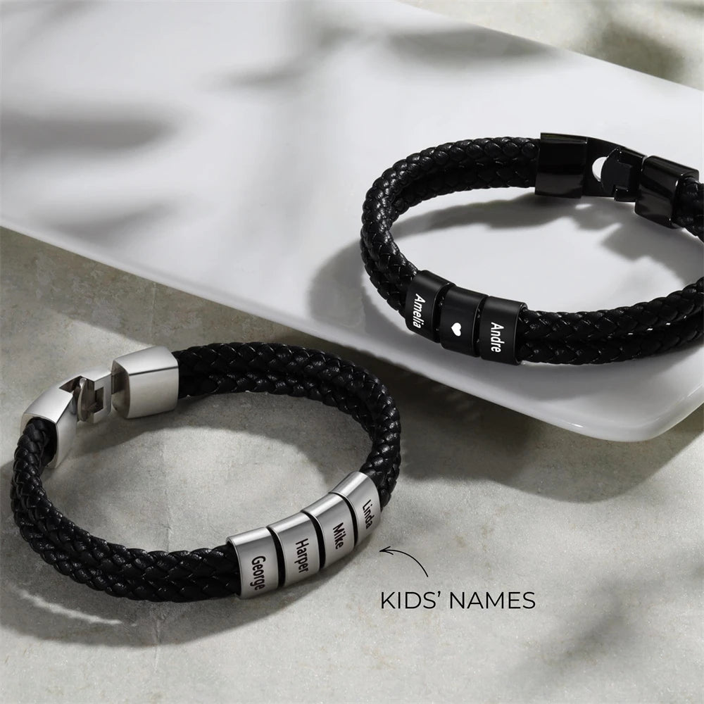 Fathers Day Gift Personalized Men's Leather Bracelet Custom Engraved Kid Names Beads Bracelets for Dad Husband Punk Jewelry Boy