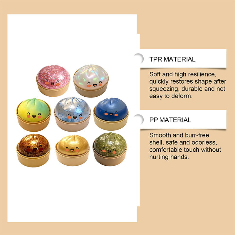 colorful glitter dumpling stress balls with cute smiling faces and a soft tpr interior designed as slow rebound toys.