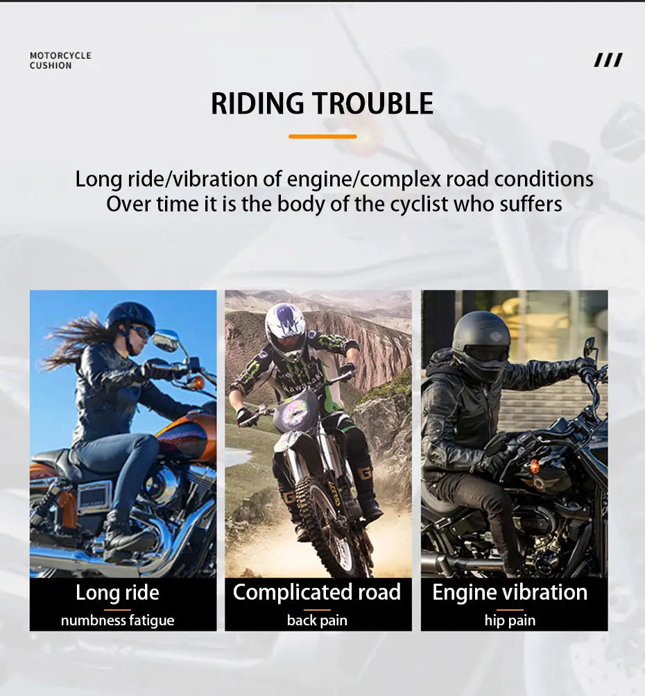 Almohadilla de aire 3D transpirable de EVA para motocicleta en color negro, diseñada para aliviar la incomodidad del conductor en viajes largos debido a la vibración del motor y a terrenos irregulares.