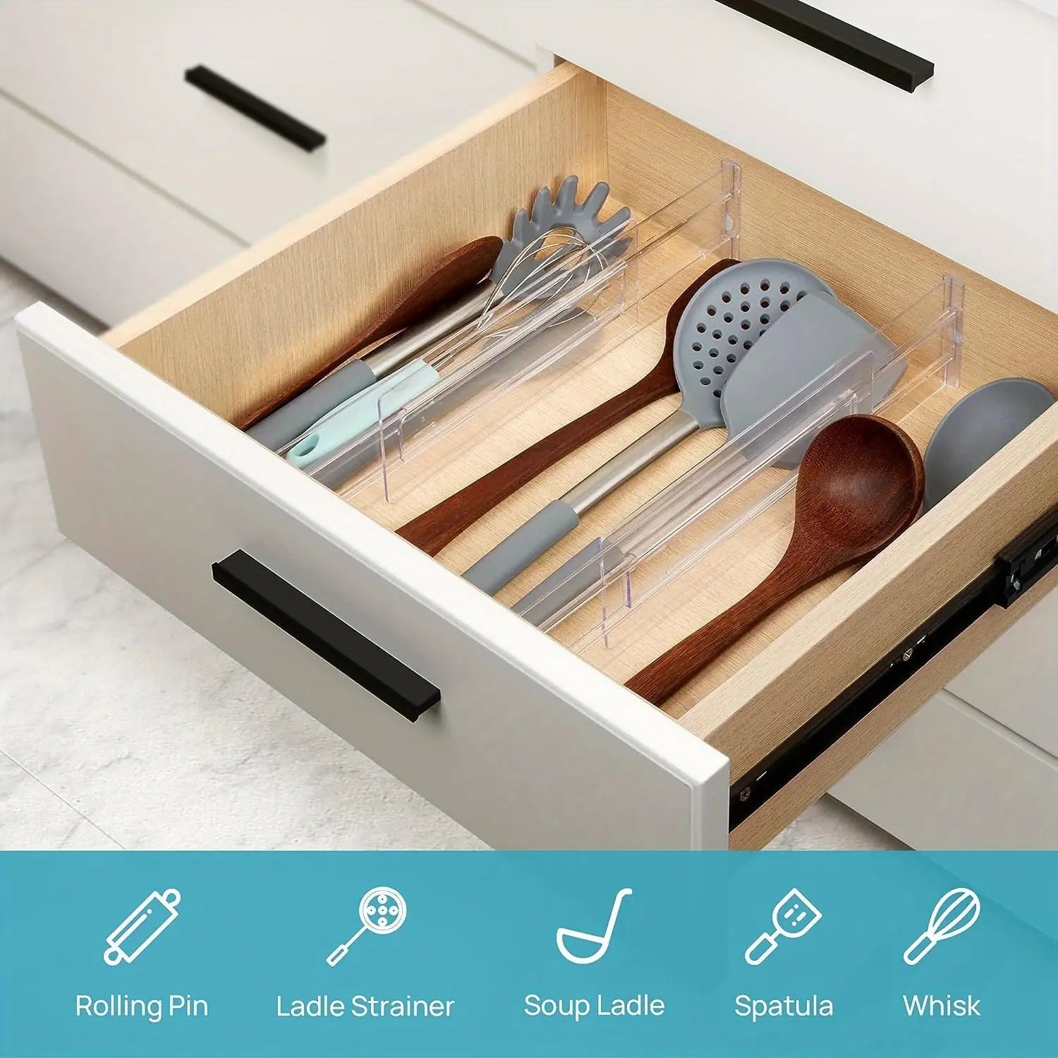 Clear plastic drawer dividers adjustable organizers made of clear acrylic holding wooden and silicone kitchen utensils.