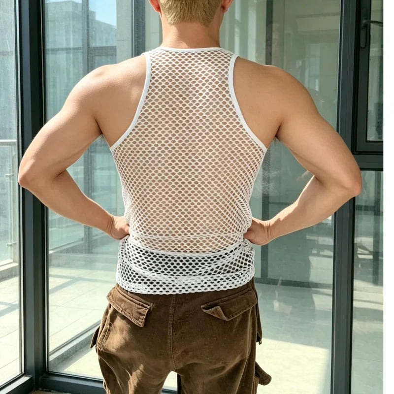 Men Sexy Tank Tops Hollow Mesh Transparent Vest Thin Breathable Sleeveless T-Shirts Workout Fitness Singlets Sport Muscle Vests