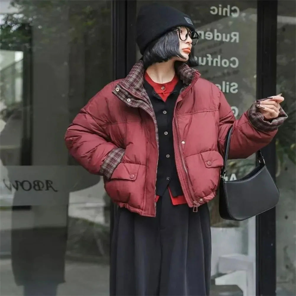 Winter Fashion Retro plaid stitching Parkas Jacket Women Loose Short Thicken Warm Down Cotton Padded Bread Coat Female Outwear