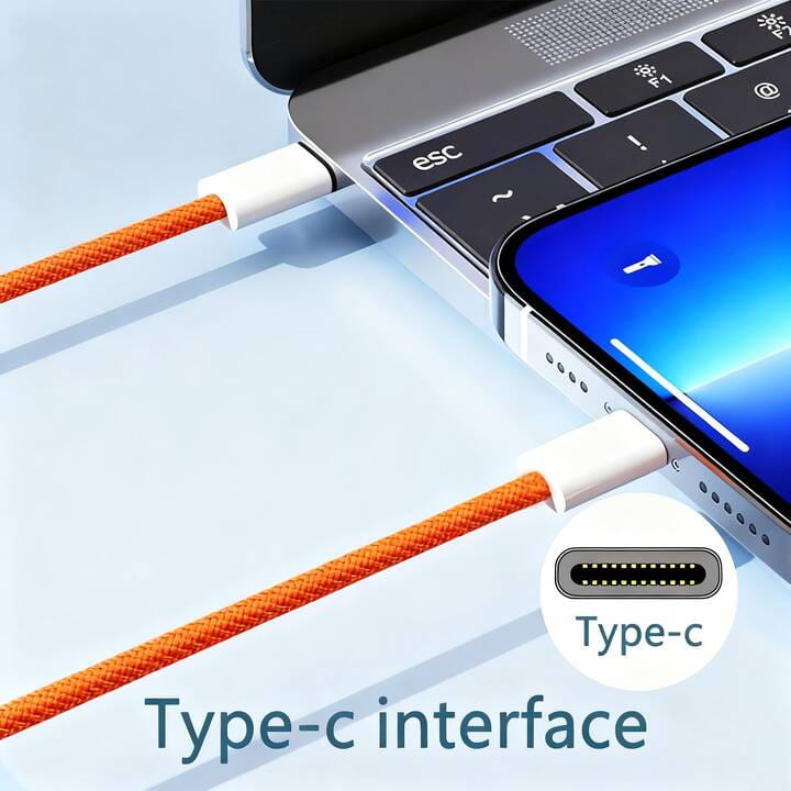 Orange nylon braided usb-c fast charging cable with white connectors supporting 6a current.