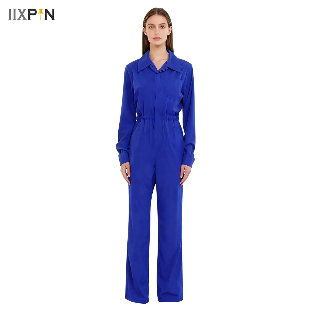 Womens Casual Jumpsuit Coverall Long Sleeve Solid Color Turn-Down Collar Button Flap Romper Fashion Work Travel Holiday Homewear