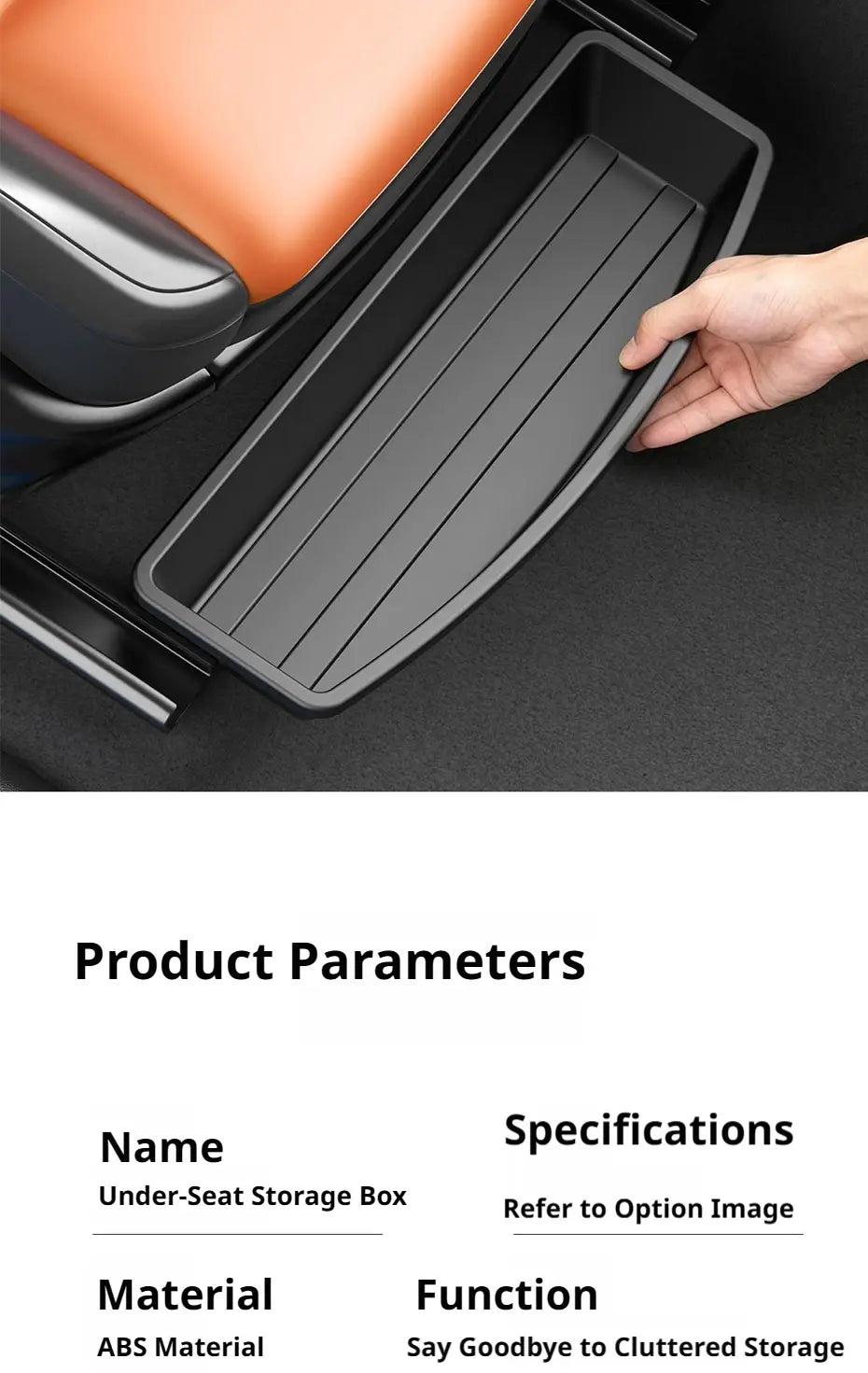 Black ABS plastic under seat car storage organizer box with ribbed interior for trunk organization shown from the back side.