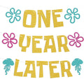 One Year Later Banner - Sea Animals First Birthday Decor, Yellow Undersea Theme Cartoon 1st Birthday Decorations Gold