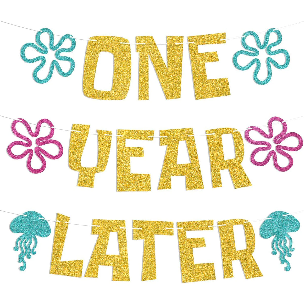 One Year Later Banner - Sea Animals First Birthday Decor, Yellow Undersea Theme Cartoon 1st Birthday Decorations Gold