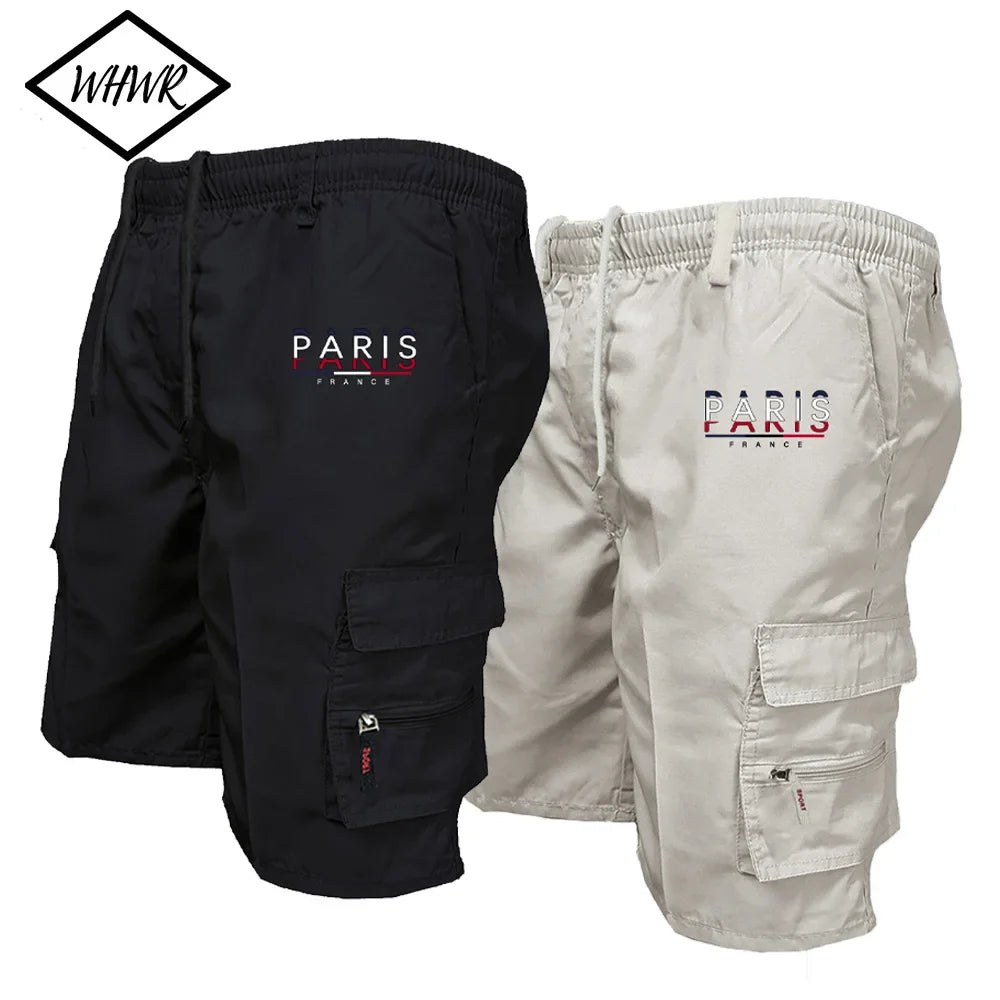 Men's Paris Printed Cargo Shorts Fashion Casual Multi-pockets Work Shorts Outdoor Loose Elastic Waist Running Shorts Sweatpants