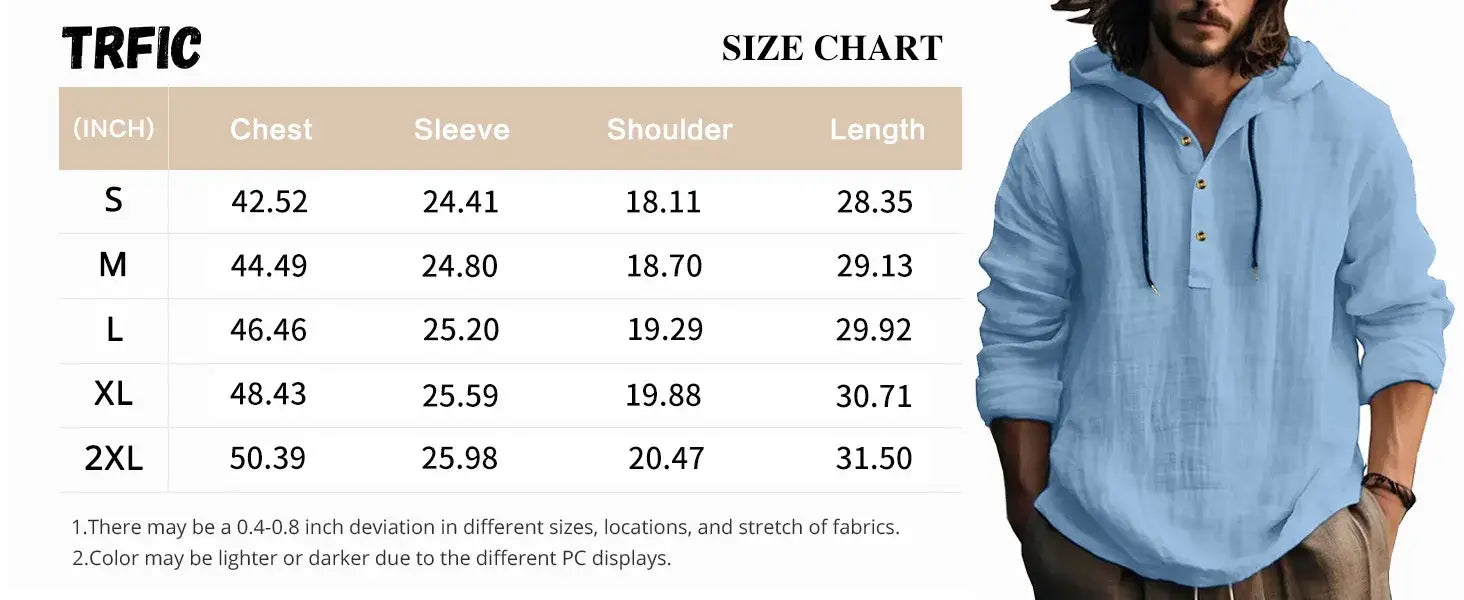 Light blue men cotton linen hooded Henley shirt with button front and drawstring features a casual and comfortable design.