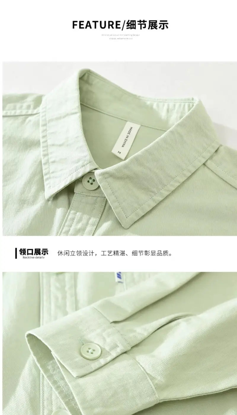 Camisa de vestir casual para hombre de un solo color, verde claro, de algodón, de manga larga, con cuello clásico y detalles cosidos con esmero.