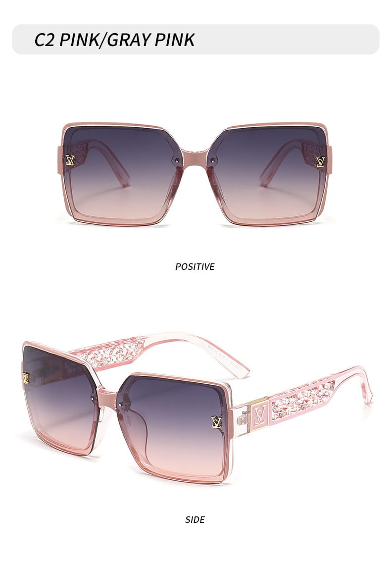 Lunettes de soleil carrées surdimensionnées, unisexes et de style créateur avec protection UV400, présentant des verres dégradés rose et rose-gris, des branches rehaussées de cristaux et des accents de logo LV ton or.