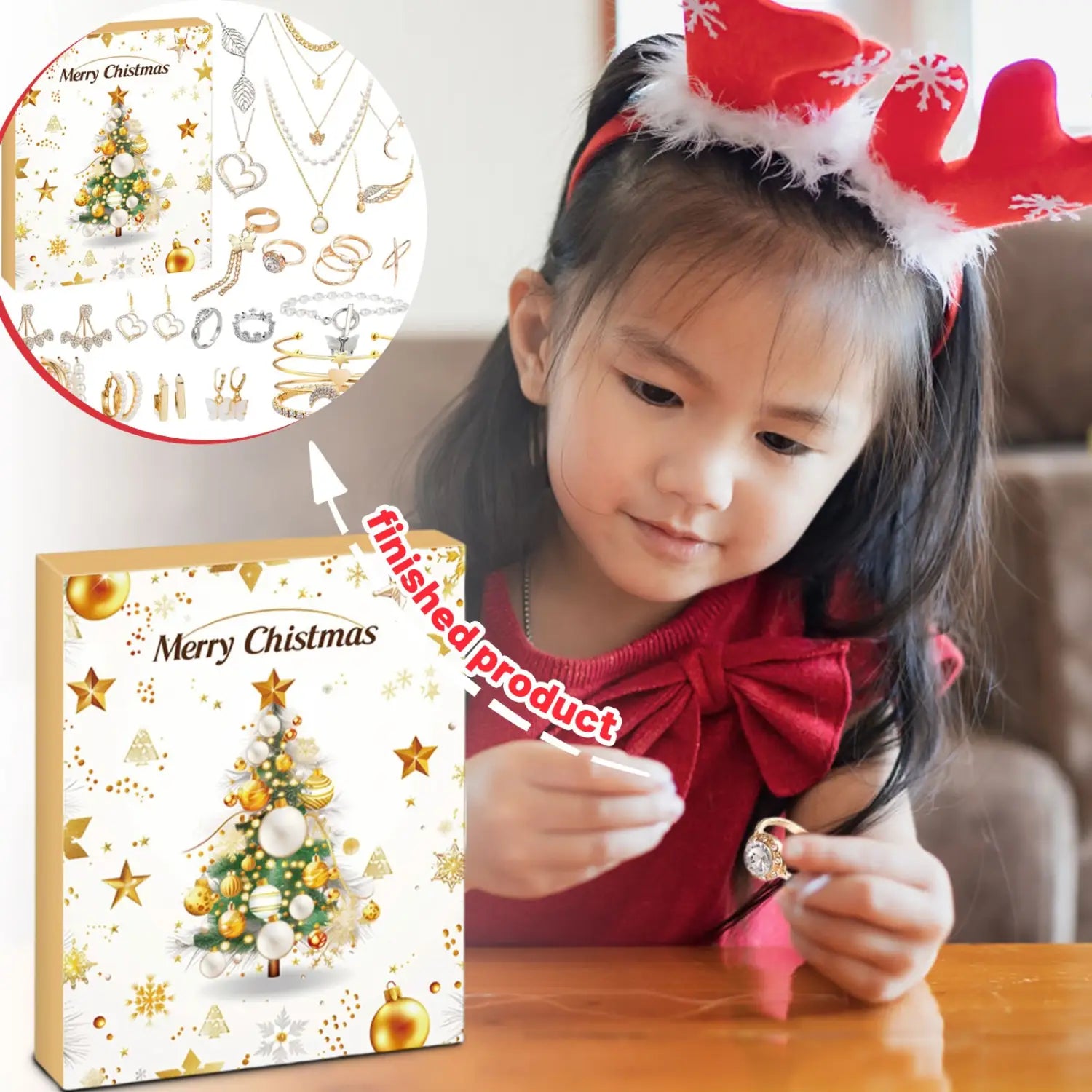 Gold-plated christmas-themed jewelry advent calendar featuring festive tree and star designs in a holiday gift set.
