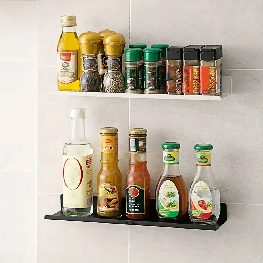 Estantes flotantes de aluminio negro y blanco montados en la pared, con acabado negro mate, para sostener diversos condimentos y especias, en estilo tipo montado en pared, para la organización de la cocina