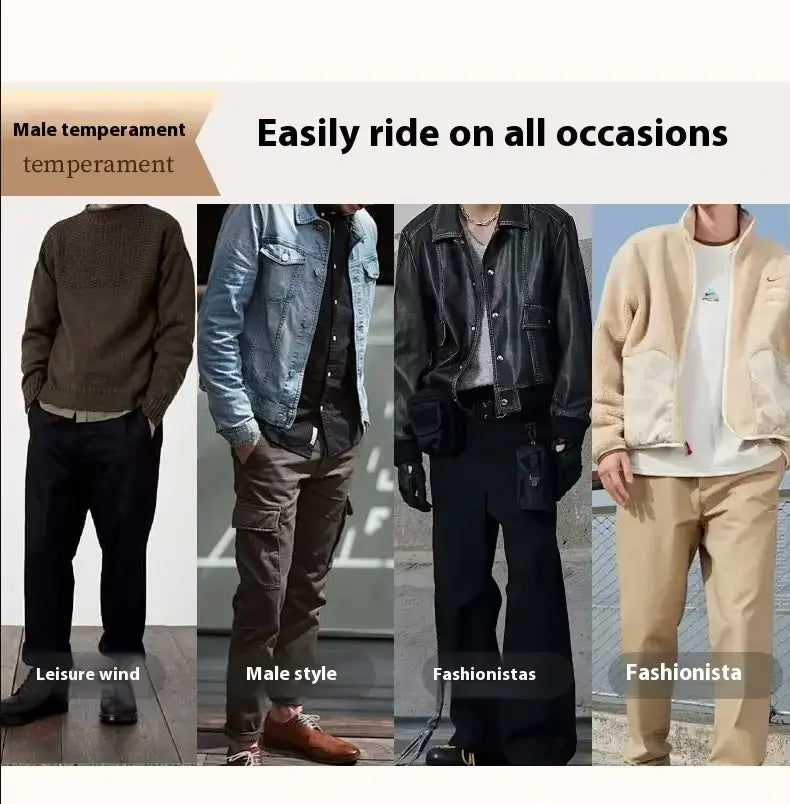 four distinct men’s outfits featuring an olive green knit sweater with black pants, a light blue denim jacket over a dark shirt and cargo pants, a black leather bomber jacket with flared trousers, and a beige fleece zip-up hoodie paired with matching khaki pants, styled with the oyifan ratchet leather belt for men.