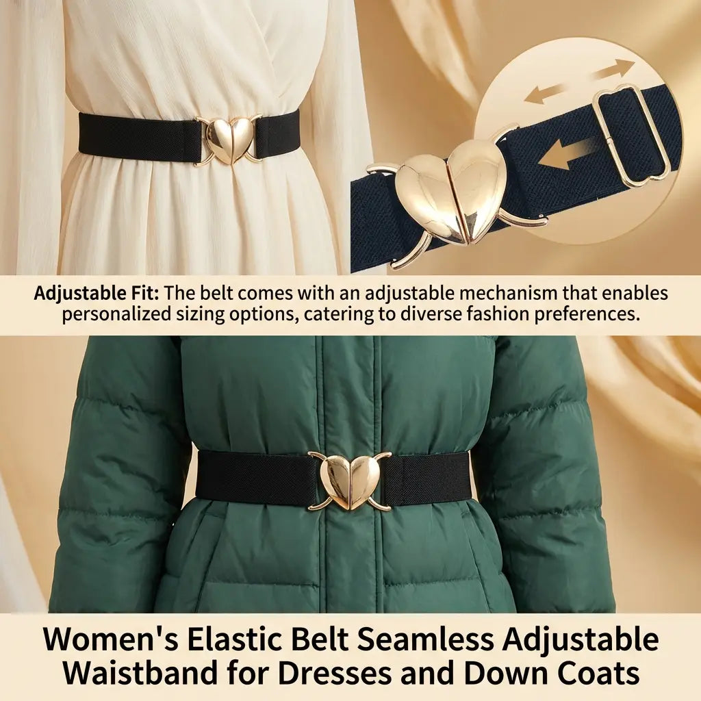 Ceinture élastique pour femme à boucle en forme de cœur, avec une taille élastique noire, une boucle en forme de cœur dorée brillante et un mécanisme réglable.