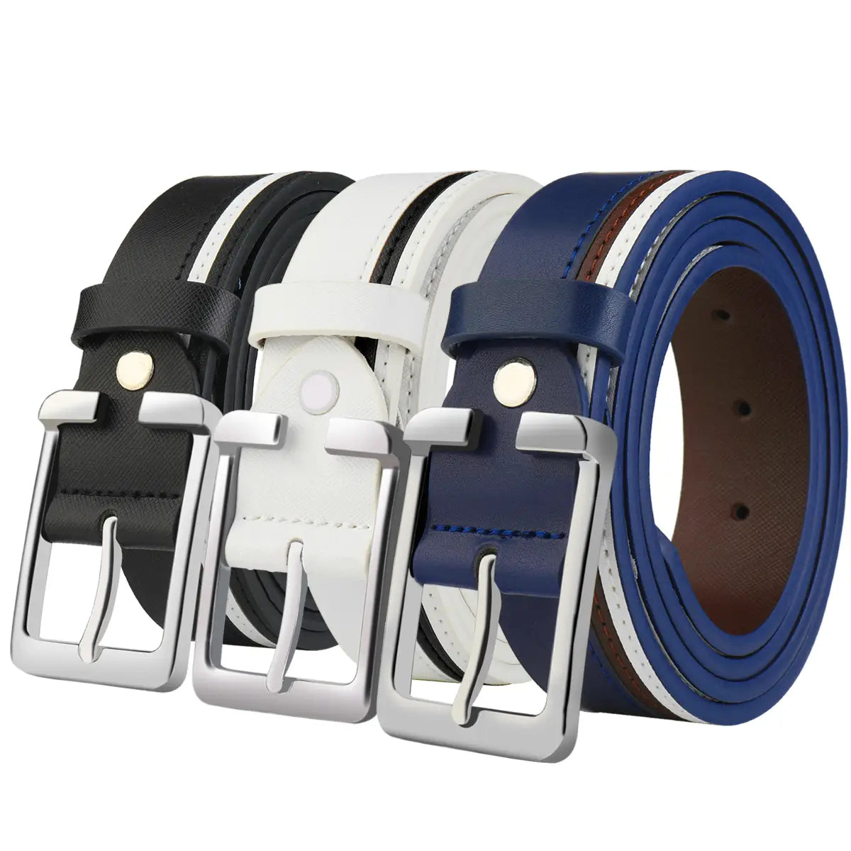 Three stylish men leather belts in black white and blue with braided contrast stripes and silver toned buckles.